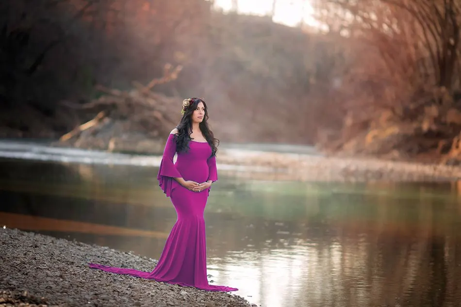 Vogueon Для женщин беременности и родам платья для фотосессий с открытыми плечами и расклешенными рукавами платье русалки леди Беременность Макси фотографии одежды