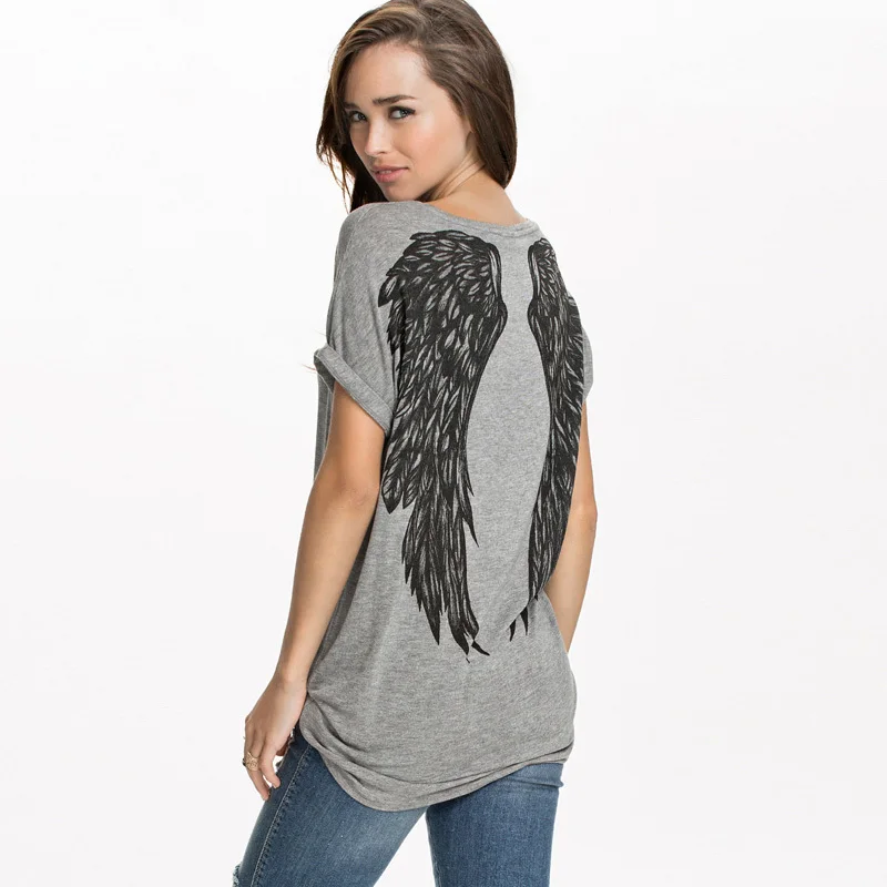New summer style T-shirts women back angel wings printing short sleeve loose plus size t shirt  women fashion tops tees G1231