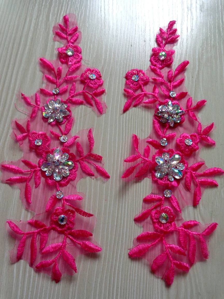 Handmade rose red sew on crystal trim patches sequins Rhinestones lace