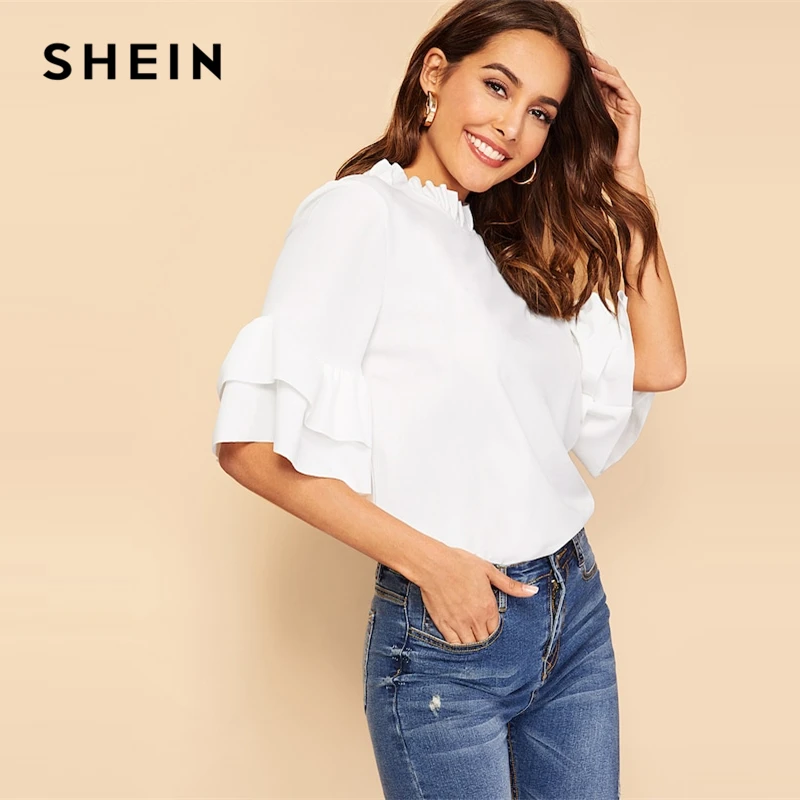 

SHEIN Keyhole Back Ruffle Trim Bell Sleeve Plain Blouse 2019 Spring Stand Collar Women Half Sleeve Going Out Tops And Blouses