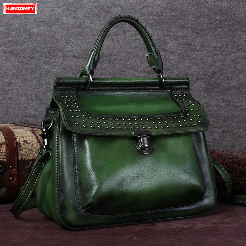 

New Retro Women handbags handmade real genuine leather lock bag female cowhide leather girl rivet shoulder Messenger bags