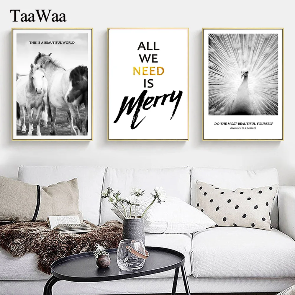 

TAAWAA Black and White Horse Animals Poster Prints Nordic Canvas Painting Simple Quote Wall Picture for Living Room Home Decor
