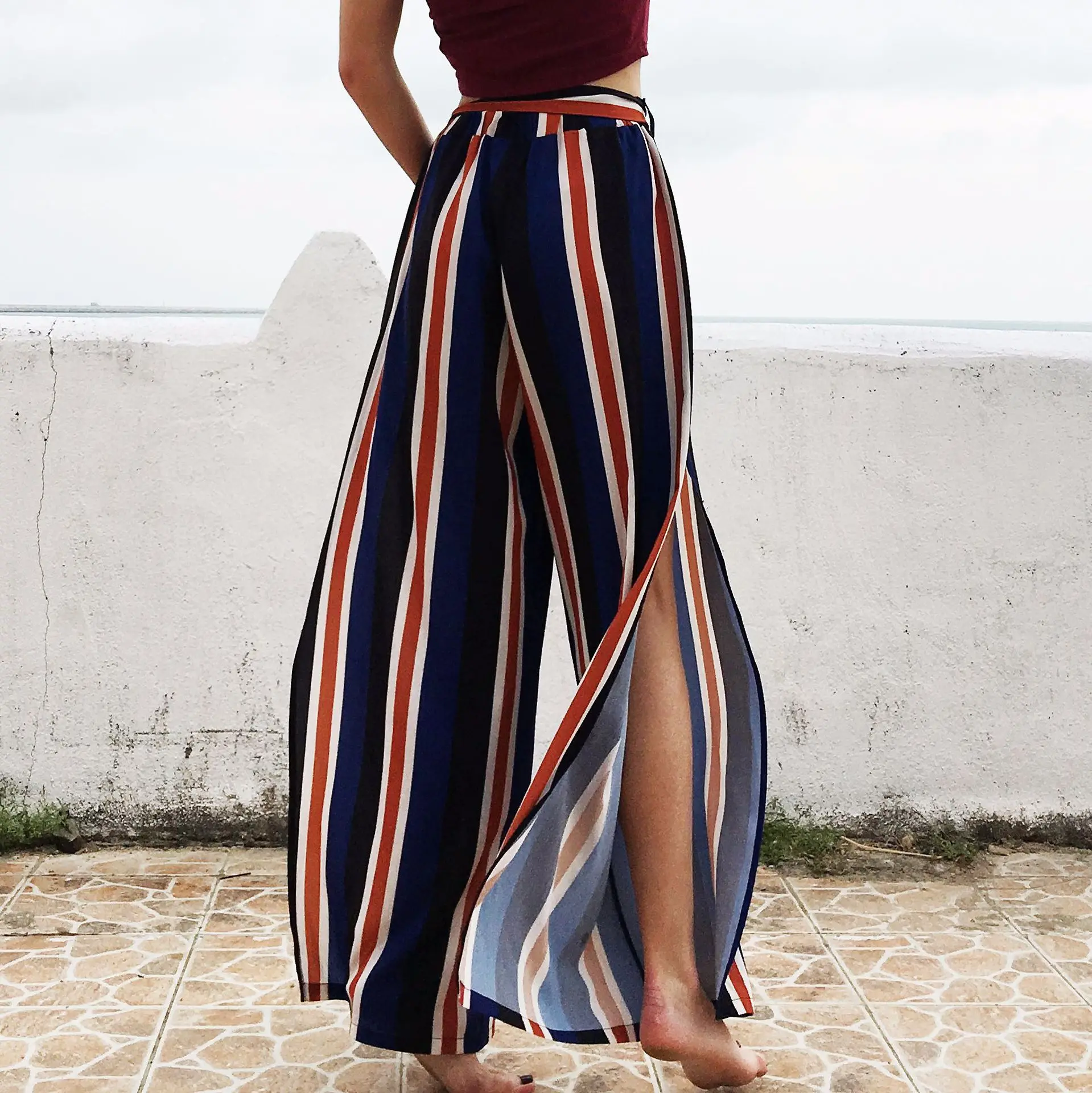 

Leisure And Vacation Striped Broad-legged Pants Side High Opening Design Sexy Chiffon Wide Leg Pants Loose And Comfortable Pants