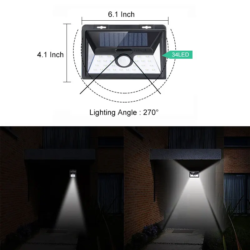 34 светодиодный светильник на солнечной батарее с датчиком движения, светильник на солнечной батарее, водонепроницаемый Ночной Настенный фонарь безопасности для наружного Патио, газон, садовый светильник