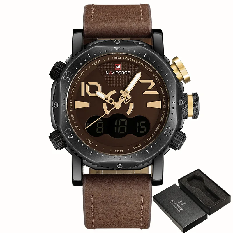 Модные брендовые мужские спортивные часы мужские кварцевые цифровые часы мужские с кожаным ремешком армейские военные наручные часы relogio masculino - Цвет: Black Brown