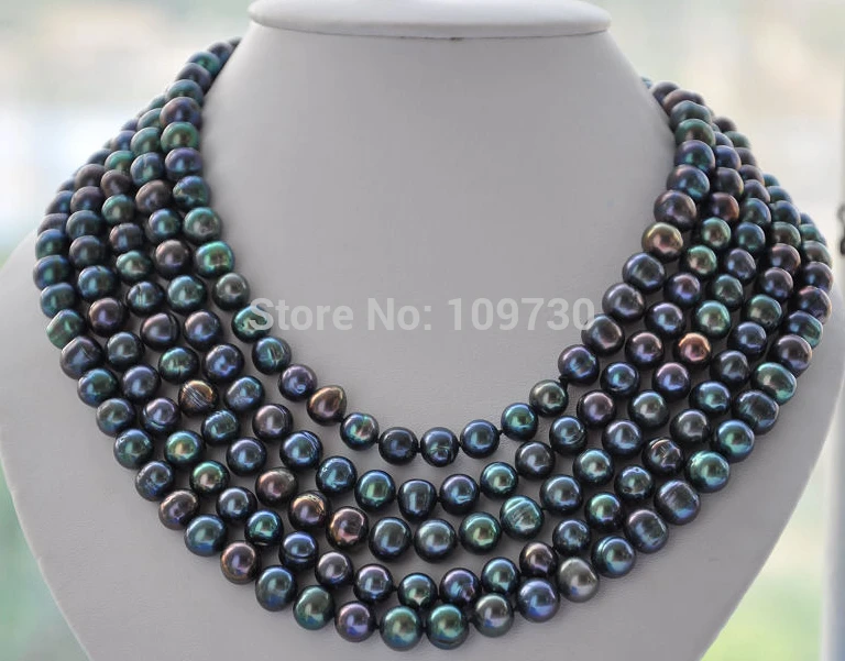 

Jewelr 003254 LONG 10mm round PEACOCK BLACK Freshwater pearl necklace 100inch 5.4