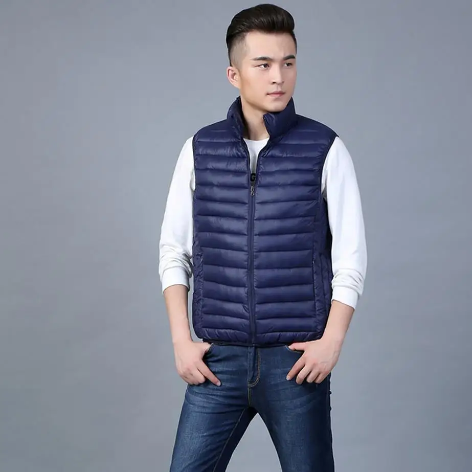 

Men Vest Ultra Light Down Stand Collar Zipper Puff Jacket Sleeveless Man Waistcoat Casual Travel Vest Plus Size
