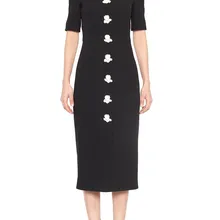 HAMALIEL Подиум дизайнерское облегающее осеннее платье черное лоскутное кружевное однобортное платье с бриллиантами с коротким рукавом облегающее платье миди