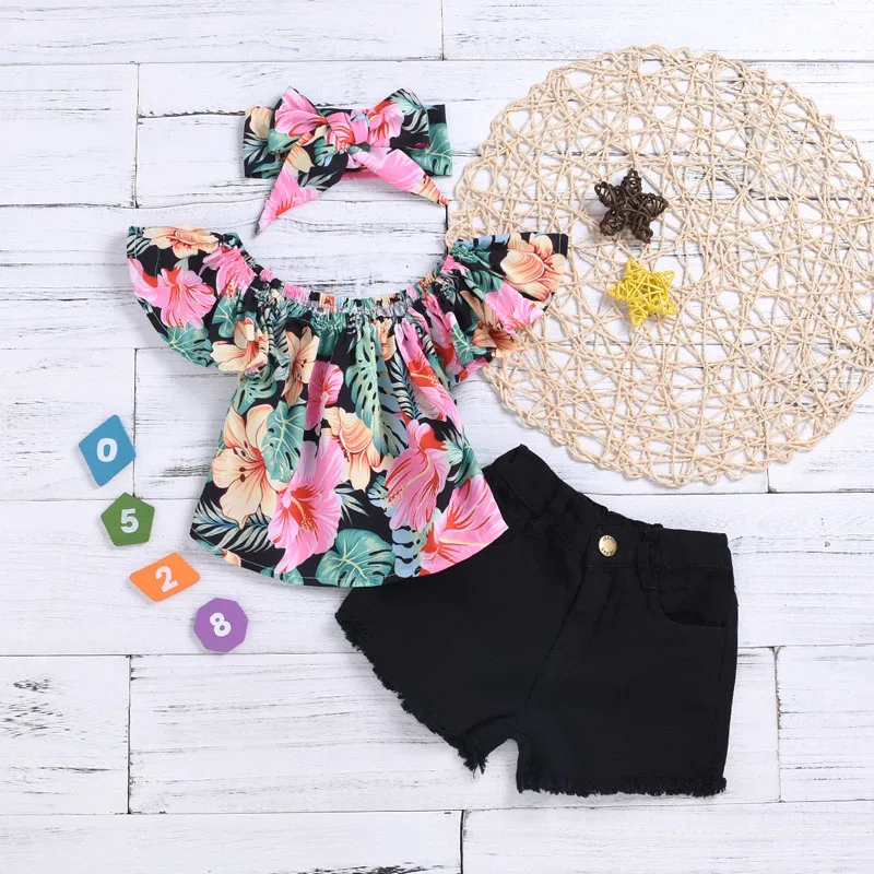 

Newborn Baby Girls Clothes Set Ruffles Sleeve Floral T-shirt Tops Denim Shorts Bowknot Headband Infant Girl Clothing 3Pcs Suit
