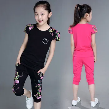 Children Clothing Sets Summer Girls Sports Suit Cotton Print Short Sleeve T-shirt+Pants 2Pcs Girls Clothes 4 6 8 10 12 13 Years 1