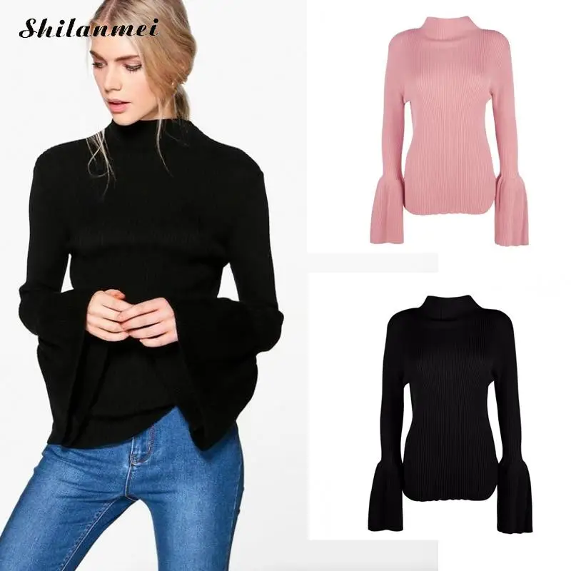 Automne Hiver Flare Manches Chandail Tricoté Noir Rose