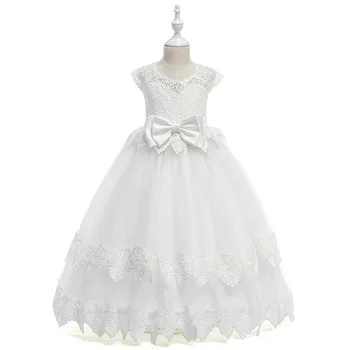 

Lace Hollow Heart Neck Princess Gown Communion Long White Elegant Flower Girls Pink Dresses With Bow 2019
