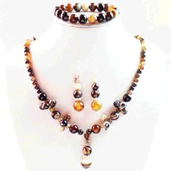 

Fashion Coffee Onyx Agates Round Beads Necklace Earrings Bracelet Set