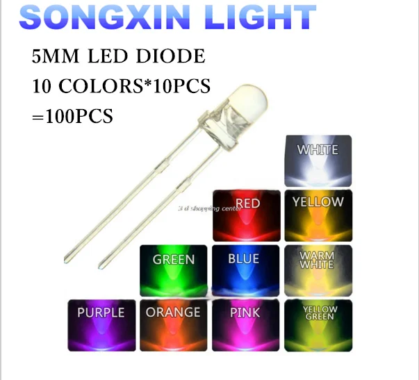 100pcs (10 Colors X 10pcs) Ultra Bright Light Emitting Diode Led 5mm Mix 10 Colors Assorted Kit