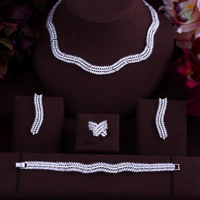 

Luxury Women Jewels Elegant Shape Bridal CZ necklace earrings bracelet ring 4pcs Big Wedding Jewelry Sets For Bride