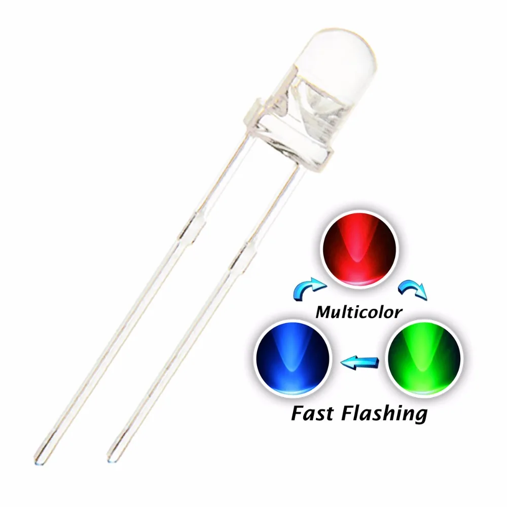 100Pcs Rgb Fast Flash Water Clear Round Head Dip-2 Led Lampeggiante Multicolor 20Ma 3V Lampada Perline Autolampeggianti