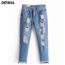 Синие джинсы с дырками, Рваные Джинсы бойфренда, модные женские винтажные потертые штаны со средней талией, повседневные брюки с неровным низом