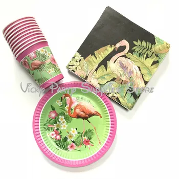 

40pcs/lot Pink Flamingo Theme Disposable Party Tableware Set Flamingo Theme Birthday Party Decorations Flamingo Plates Cups