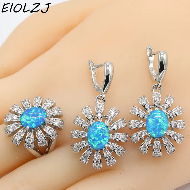 

925 Sterling Silver Blue Fire Opal Earring Sets For Women Anniversary Big Flower Ring Sets Dangle Earrings Gift Box Free Ship
