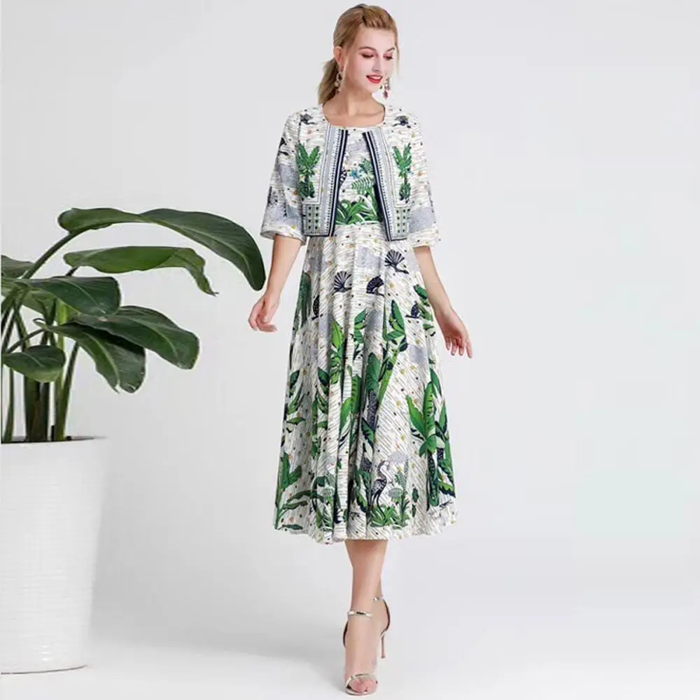 

Red RoosaRosee High-end Designer Runway Women Fashion 2 Piece Set Flower Print Half Sleeve Short Jacket Top + Dress Suit Twinset