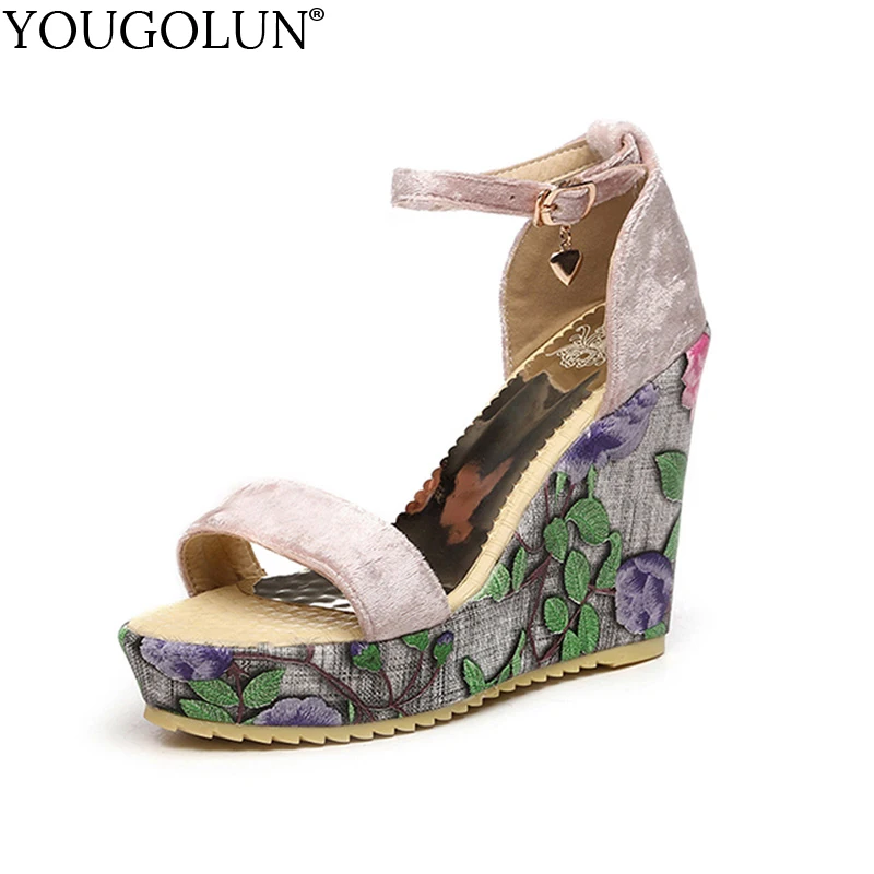 

YOUGOLUN Women Wedges Sandals Summer Ankle Strap Ladies High Heels 8 cm Woman Black Green Pink Red Open toe Party Shoes #A-144