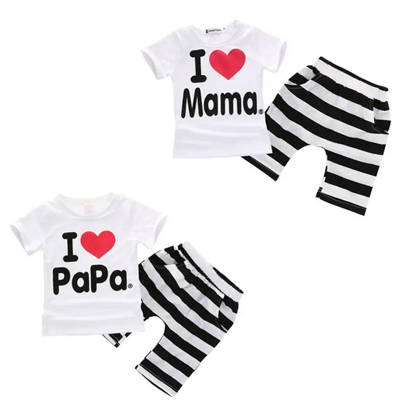 

Infant Kids Summer Cotton Clothes Set Newborn Baby Boys Girls Letter Print Tops Striped Loose Short Pants Outfits Costume