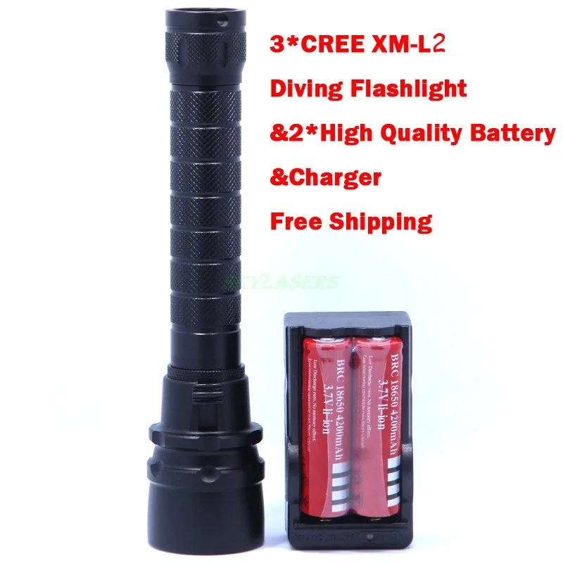 

5000 LM 30W 3 x XM-L L2 LED Diving 18650 Flashlight Torch 100M Underwater Waterproof LED Flashlight + 2*18650 Battery + charger