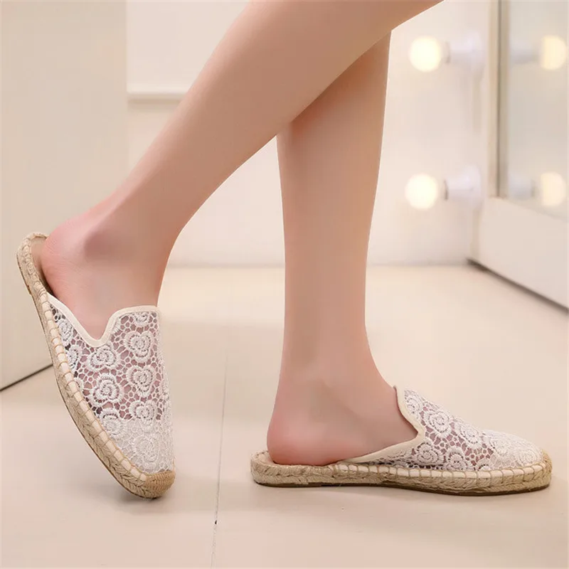 Women Half Slippers Espadrilles Lace Cut-outs Black Women's Sandals Wear Simple Slides Casual Ladies Mules Flat Fisherman Shoes  (16)
