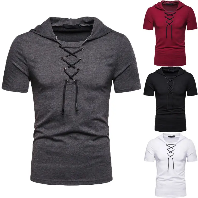 

Men Slim Fit O Neck Short Sleeve Muscle Tee Shirts Casual T-shirt Tops Blouse Men Hooded Bandage Top Clothing