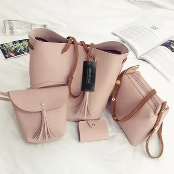 

4pcs/Set Fashion Women Bag Tassel Pure PU Leather Composite Bag Women Clutch Handbag Set Large Shoulder Bag Tote bolsa feminina