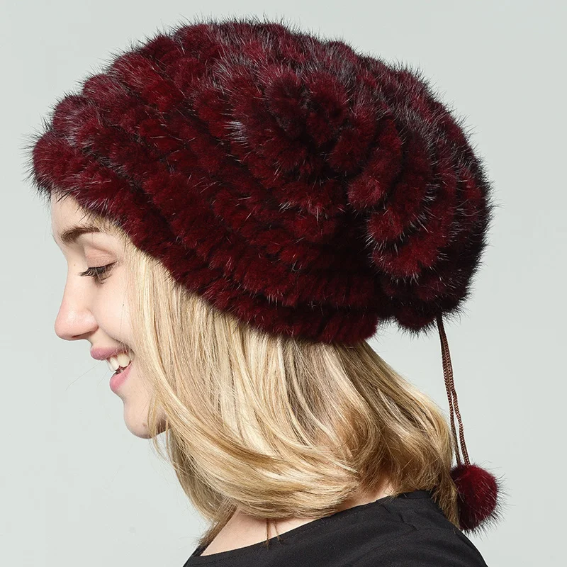Cena 2018 norek futro kapelusz naturalne prawdziwe zimowe dzianiny norek kapelusze dla kobiet ciepła, czarna czapka z futra pani czapki rosja kobieta czapki Qiusidun