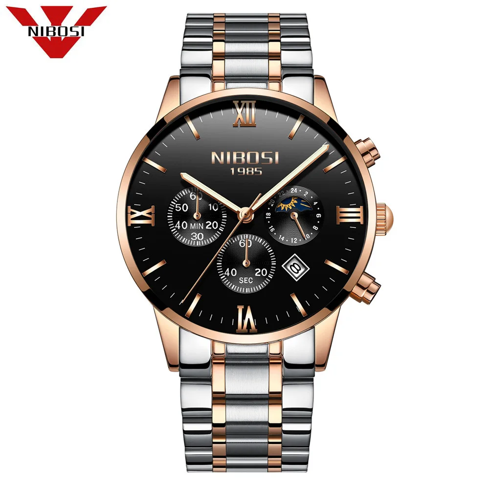 

NIBOSI 2018 New Mens Chronograph Wrist Watch Waterproof Date Top Luxury Brand Stainless Steel Males Black Rose gold Quartz Clock