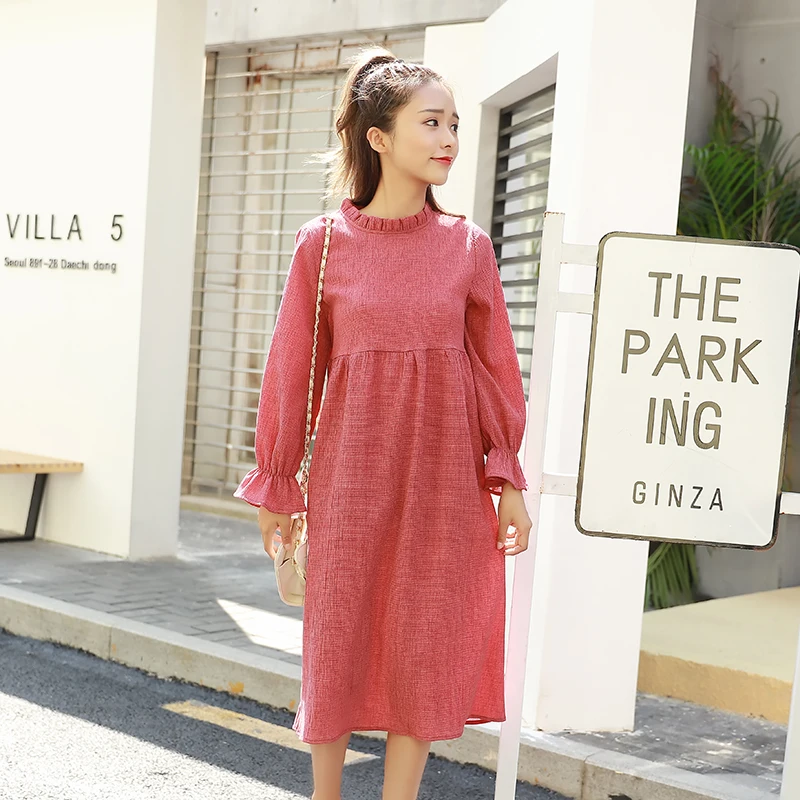 

1828# 2018 Autumn Fashion Maternity Dress Sweet Long Sleeve Straight Casual Clothes for Pregnant Women Vintage Pregnancy Wear