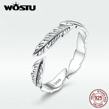 

WOSTU Classic Feather Adjustable Finger Rings Genuine 100% Real 925 Sterling Silver Rings For Women Party Engagement BKR517