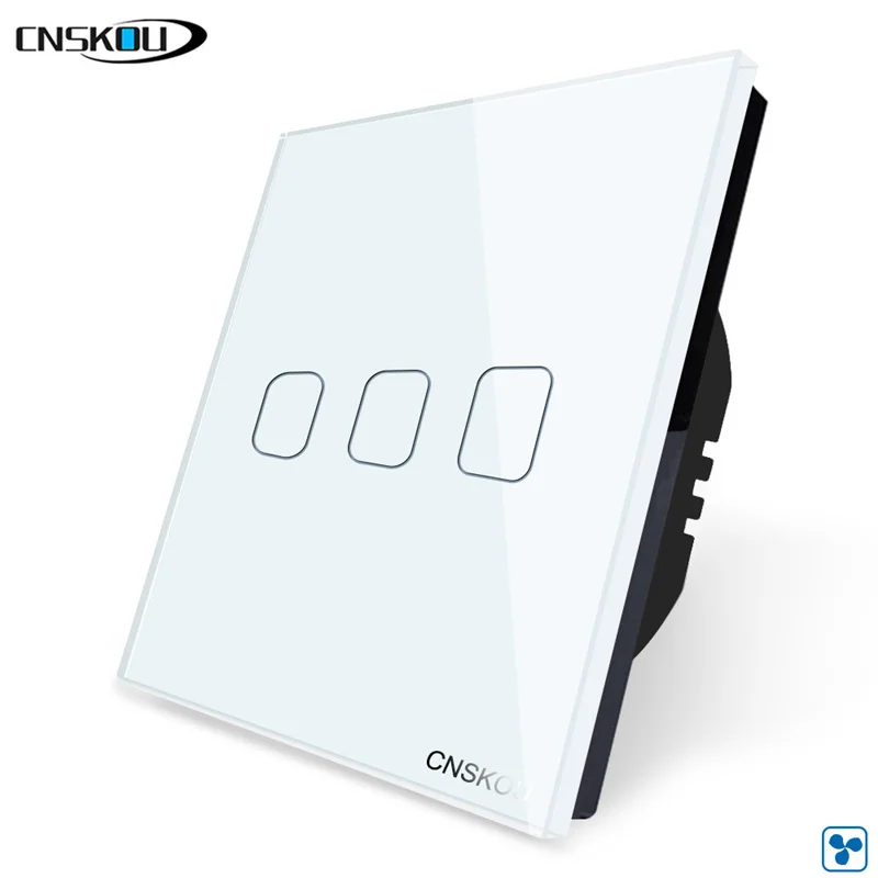 

CNSKOU 3 Gang EU/UK Fan Touch Switch Various Speed Control,Ceiling Fan Light Wall Switch,White Crystal Glass Panel