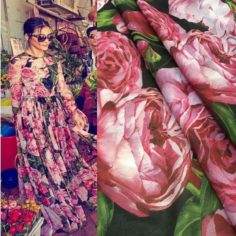 

145cm wide summer rose print thin chiffon dress fabric DIY handmade shirt skirt fabric fashion parent-child wear cloth
