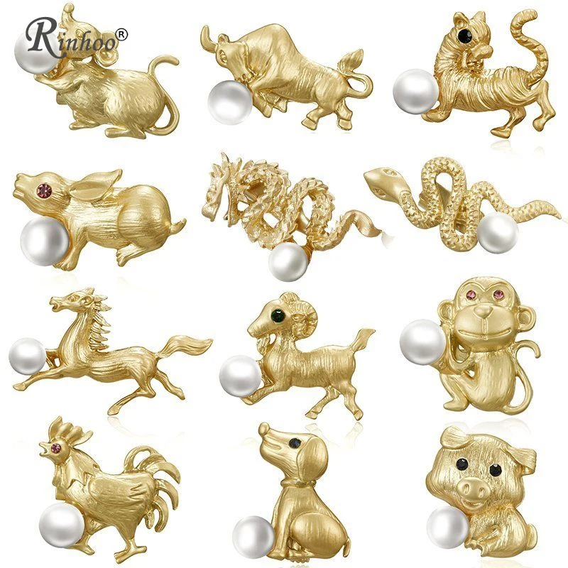 

RINHOO 12 Zodiac Tiger Rabbit Dragon Horse Dog Pig Brooch Pins Simulated Pearl Collar Scarf Pins Badge Brooch for Women Men