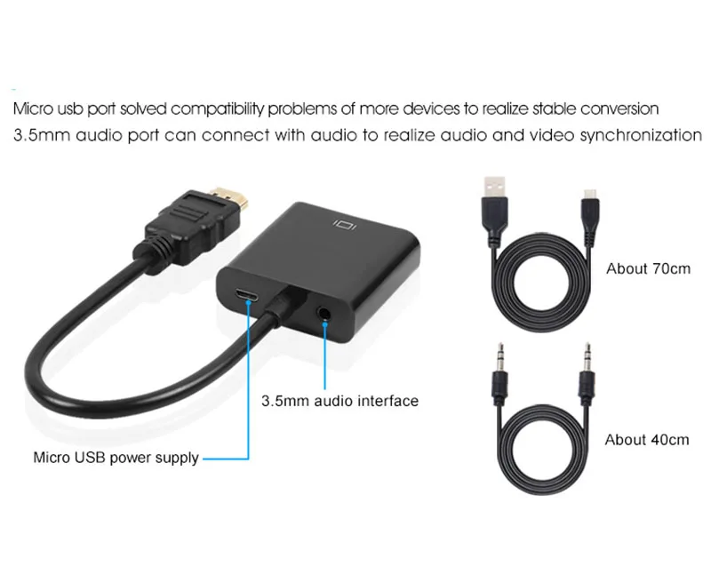 Кабель преобразователь для монитора ТВ штырь гнездо с HDMI на VGA коннектор аудио usb