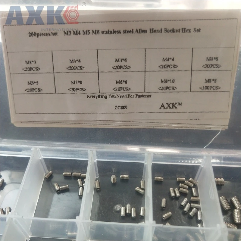 

AXK 200pcs/set M3 M4 M5 M6 Stainless Steel Allen Head Socket Hex Set Grub Screw Assortment with box Wholesale ZC009