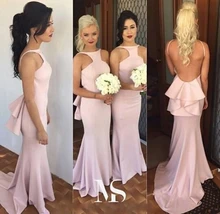 Sexy Backless Pink Mermaid Bridesmaid Dresses Long With Ruffles Halter Open Back real madred jersey robe demoiselle d’honneur