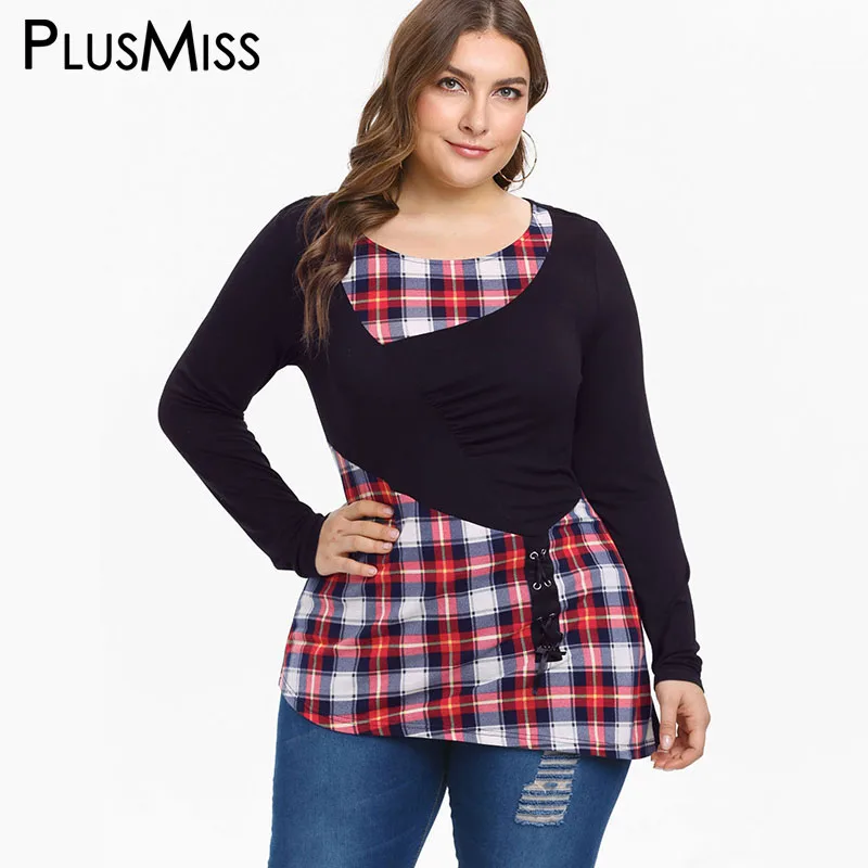 

PlusMiss Plus Size 5XL Vintage Retro Plaid Checked Print T Shirts XXXXL XXXL XXL Women Big Size Long Sleeve Tunic Tops Tee 2019