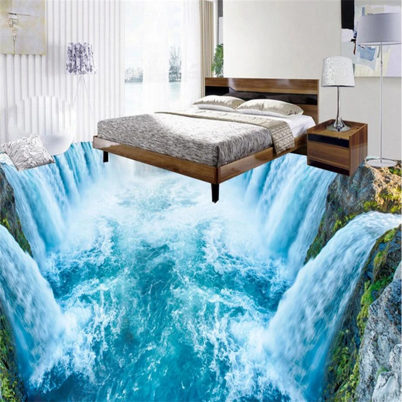 Custom photo thickened wearable PVC flooring painted floor affixed to ultra-high-definition waterfall living room kitchen