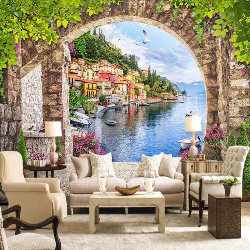 Arco Estereoscópico 3d Estilo Europeu Vista de Rua Pequena Cidade Sala de Estar tv Fundo Papel de Parede Foto Café Restaurante Decoração Mural