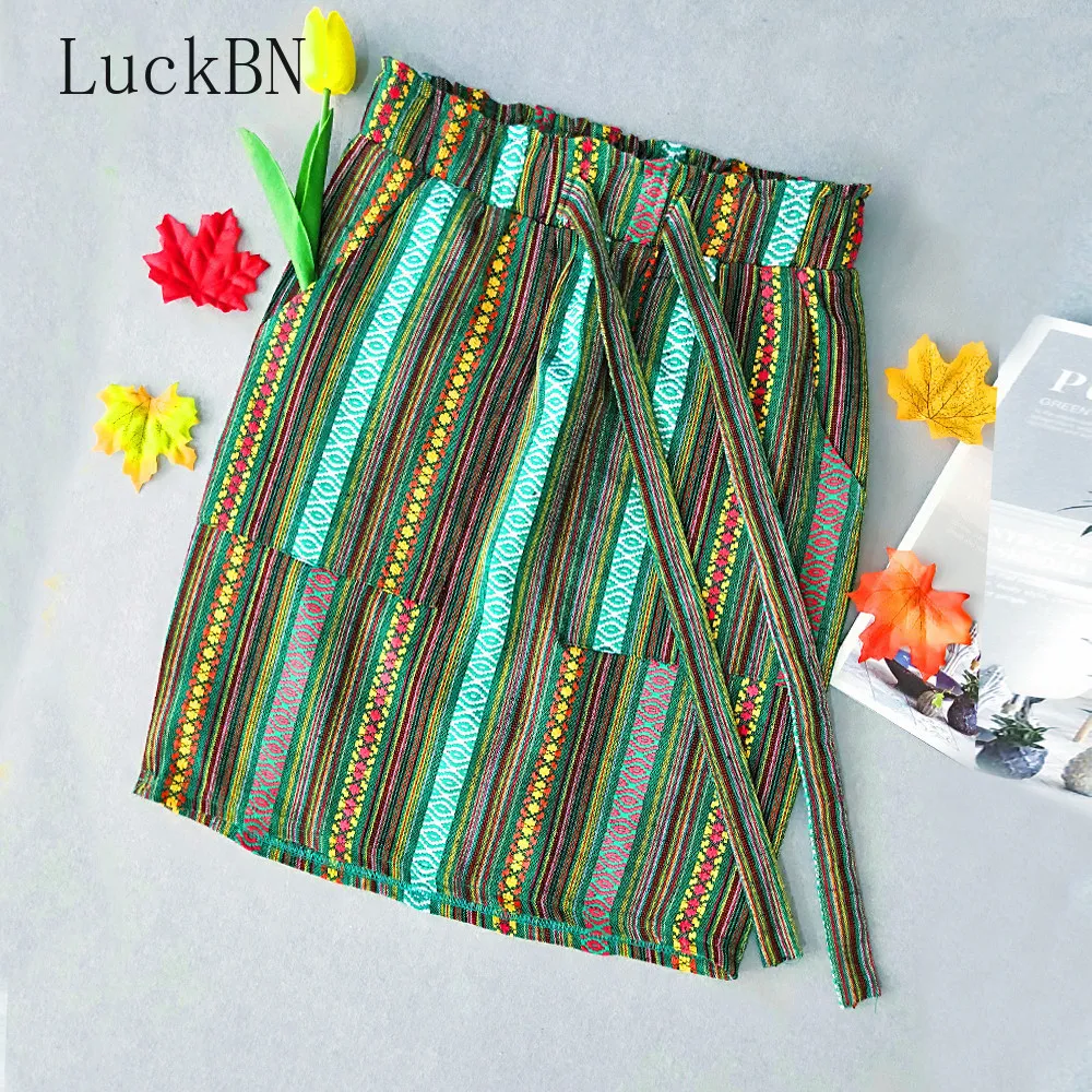 Женские юбки в полоску с принтом Лето-Осень, Мини Прямые корейские элегантные юбки с карманами и поясом, юбка с высокой талией, женские плиссированные юбки