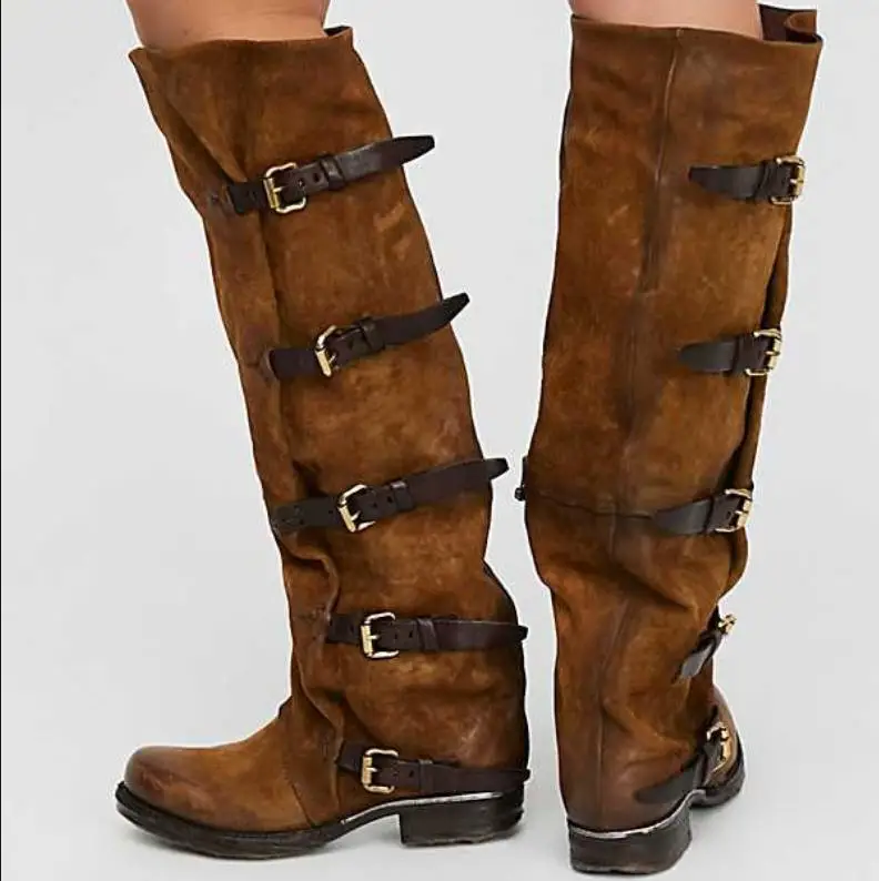 

Knee-high Boots Low Heels Botas Mujer Leather Boots Women Winter Retro Top Boots Fashion Rome Botas Feminina Zapatos De Mujer