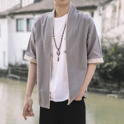 Мужская Лоскутная рубашка уличная Hanfu suкороткий рукав Лето Harajuku Винтаж кимоно рубашки черная мода открытая стежка