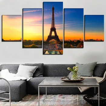 

Home Decoration Wall Art HD Print 5 Panel Paris Tower Painting Sunset Landscape Poster Canvas Cuadros Modular Picture For Gift