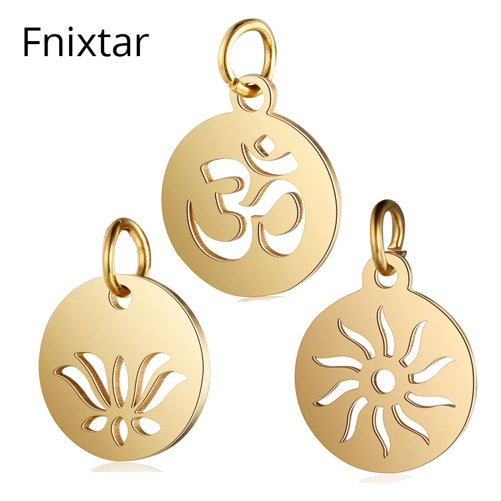 

Fnixtar DIY Handmade Stainless Steel Mini Charm Pendant 12mm Polished Gold Color OM Sun Metal Charms for Making Jewelry 5pcs/lot