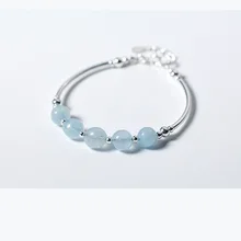 Настоящее. 925 стерлингового серебра Fine Jewelry Натуральные Бусы синие кристаллы Браслет-манжета(длина 15 см-17,5 см) GTLS486