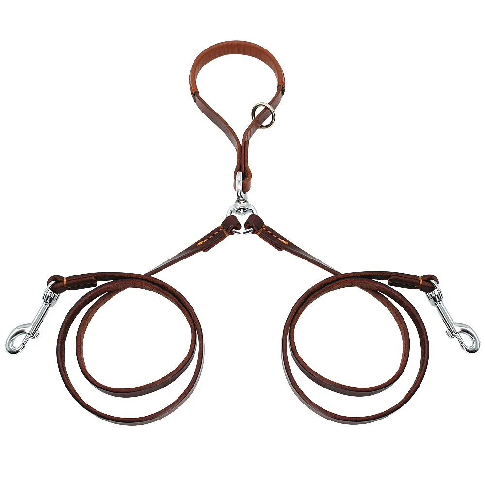 Online 2 vías correa para perro doble dos cables de cuero para mascotas acoplador de NoTangle con mango para caminar y entrenar 2 perros medianos pequeños
